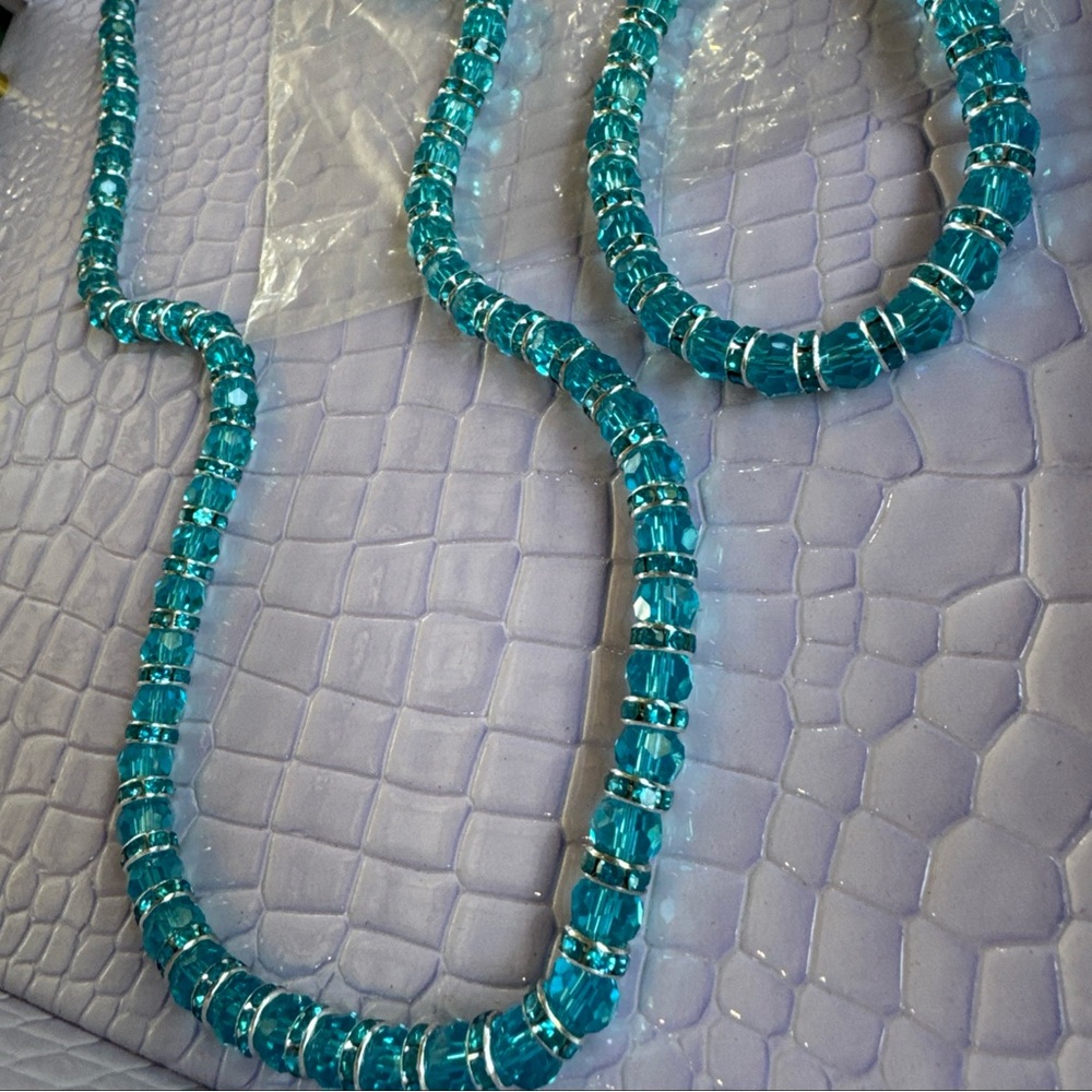 Handmade Blue Beaded Necklace Earrings and Bracelet Set - Picture 2 of 5